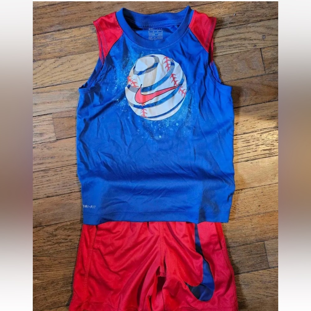 Nike Baseball Suit Boys Kids size 6 Blue Red Stripe 2 Pieces Tank Shorts